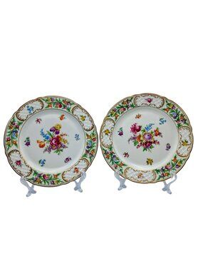 2 Schumann Bavaria Empress Dresden Flowers Dinner Plates Fuzzy Flower & Iris
